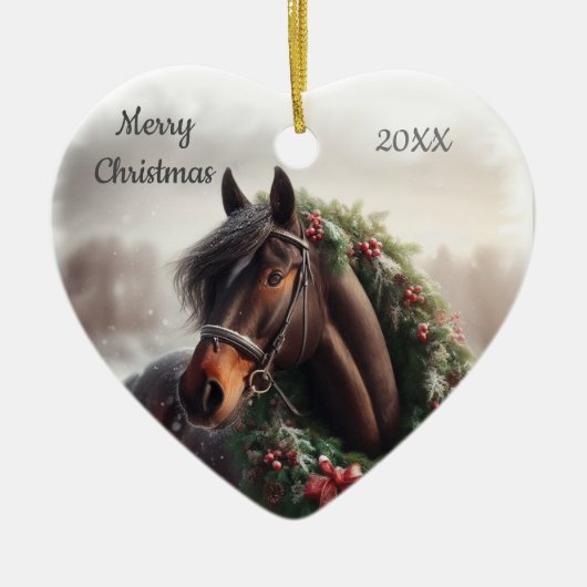 Gedateerd Kerstmis Paard Liefde Kunst Keramisch Ornament (Voorkant)