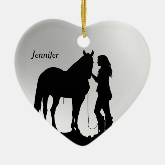 Gedateerd & Naam Kerstmis Paard Meisje Silhouet Keramisch Ornament (Voorkant)
