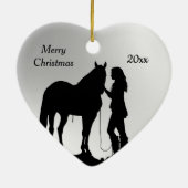 Gedateerd & Naam Kerstmis Paard Meisje Silhouet Keramisch Ornament (Achterkant)