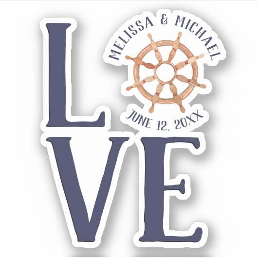 Gedateerd #Nautical Schip's Wheel #LOVE Bruiloft Sticker (Voorkant)