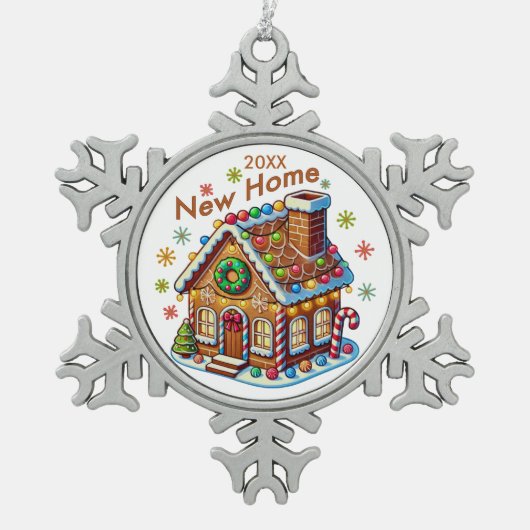 Gedateerd Nieuw Home Gingerbread House Tin Sneeuwvlok Ornament (Voorkant)