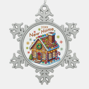Gedateerd nieuw huis van gemberkoekhuisje tin sneeuwvlok ornament