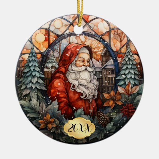 Gedateerde Custom Santa Glas in lood Kerst Keramisch Ornament (Voorkant)
