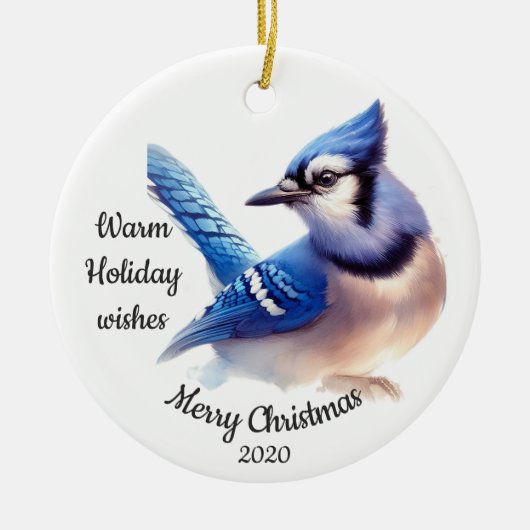 Gedateerde Kerst Custom Waterverf Blue Jay Bird Keramisch Ornament (Voorkant)