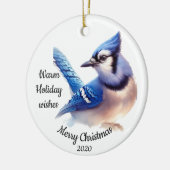 Gedateerde Kerst Custom Waterverf Blue Jay Bird Keramisch Ornament (Links)