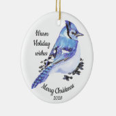 Gedateerde Kerst Custom Waterverf Blue Jay Bird Keramisch Ornament (Rechts)
