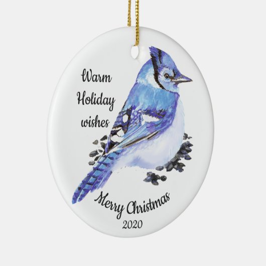 Gedateerde Kerst Custom Waterverf Blue Jay Bird Keramisch Ornament (Rechts)