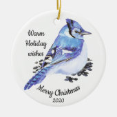 Gedateerde Kerst Custom Waterverf Blue Jay Bird Keramisch Ornament (Voorkant)