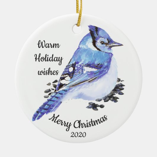 Gedateerde Kerst Custom Waterverf Blue Jay Bird Keramisch Ornament (Voorkant)