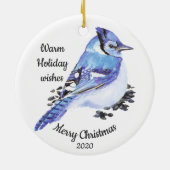 Gedateerde Kerst Custom Waterverf Blue Jay Bird Keramisch Ornament (Achterkant)