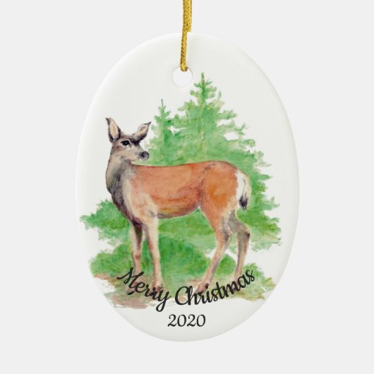 Gedateerde Kerst Custom Waterverf Herten Dier Keramisch Ornament (Voorkant)