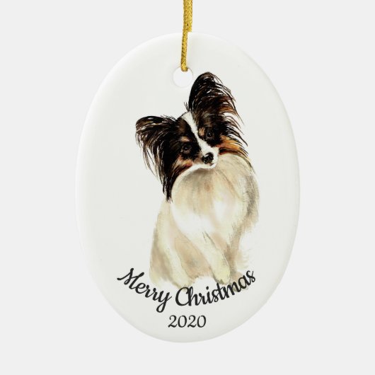 Gedateerde Kerst Custom Waterverf Papillon Dog Keramisch Ornament (Voorkant)