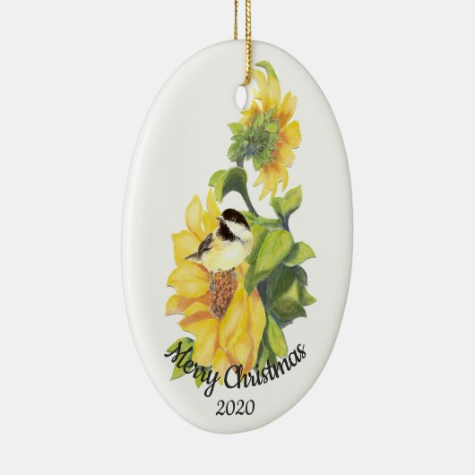Gedateerde Kerst Custom Waterverf Zonnebloem Vogel Keramisch Ornament (Rechts)