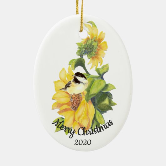 Gedateerde Kerst Custom Waterverf Zonnebloem Vogel Keramisch Ornament (Achterkant)