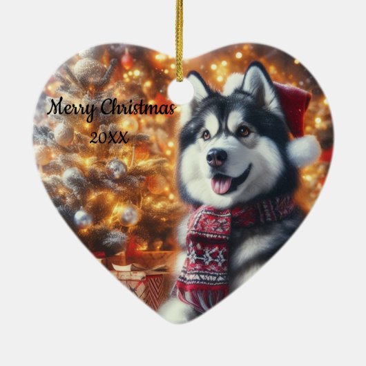 Gedateerde kerst Husky hond huisdier Keramisch Ornament (Achterkant)