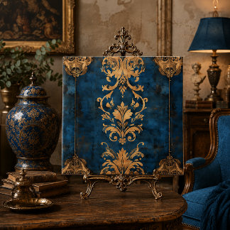 Gedecoreerd barok damast patroon blauw goud tegeltje