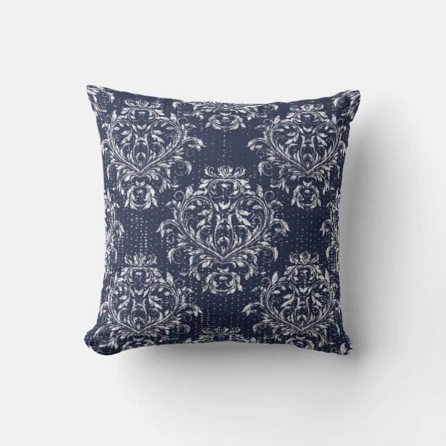 Gedecoreerde Damast Worp Kussen - Marineblauw (Voorkant)