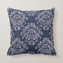 Gedecoreerde Damast Worp Kussen - Marineblauw