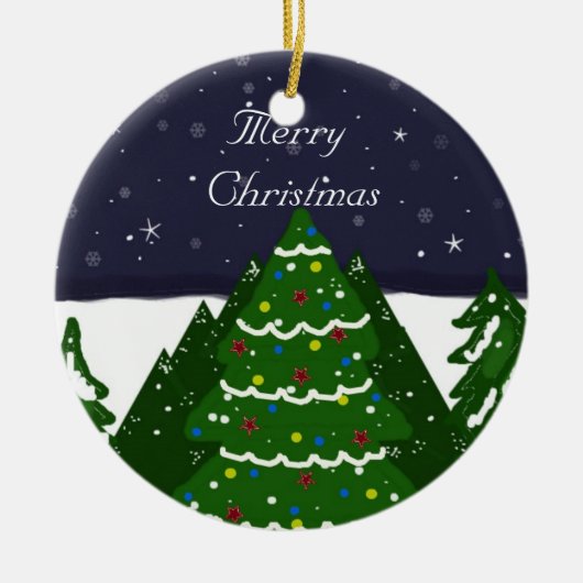 Gedecormeerde bomen die op een winternacht schijne keramisch ornament (Voorkant)