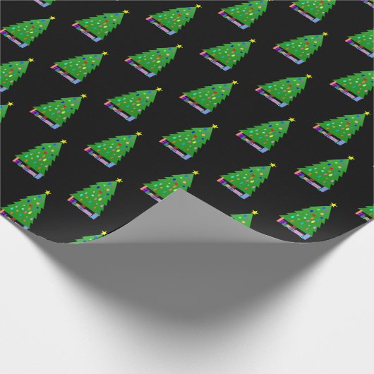 Gedecormeerde kerstboom + cadeaus cadeaupapier (Hoek)