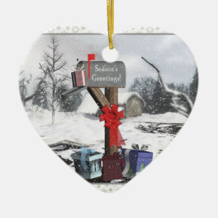 Gedecormeerde postbus geeft sneeuwscène Heart Orn Keramisch Ornament