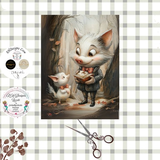Gedecoupeerd Whimsical Varkensduo in Bos Tissuepapier
