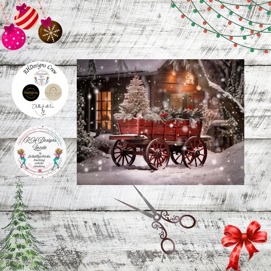 Gedecoupeerde Vintage Rode Kar Winter Scene Tissuepapier