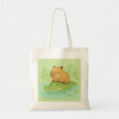 (gedeeltelijk) Chill Brown Capybara op Green Croco Tote Bag (Voorkant)