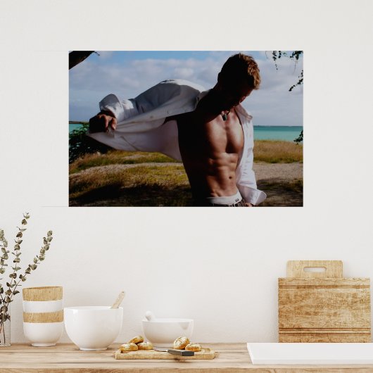 Gedeeltelijk Open Shirt op Beach Backdrop Poster (Keuken)