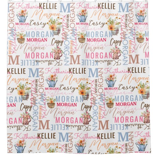 Gedekte bloemen met naam en monogram collage douchegordijn (Voorkant)
