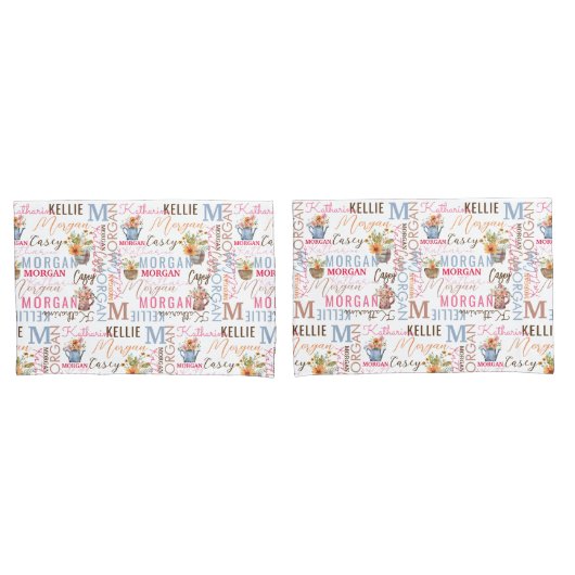 Gedekte bloemen met naam en monogram collage kussensloop (Voorkant-Set)