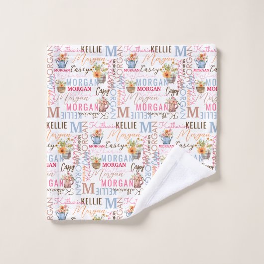 Gedekte bloemen met naam en monogram collage washandje (Wasdoekje)