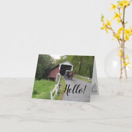 Gedekte Bridge Penn Amish Buggy Hallo Note Card Kaart (Gele Bloem)