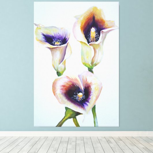 Gedekte Calla Lillies Beauful Blomning Bouquet Canvas Afdruk (Insitu (Houten vloer))