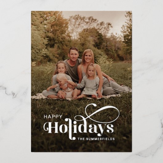 Gedekte familie foto's Snowflakes, kerstzilver Folie Feestdagenkaart (Voorkant)