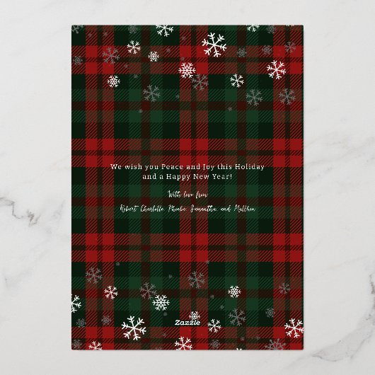 Gedekte familie foto's Snowflakes, kerstzilver Folie Feestdagenkaart (Achterkant)