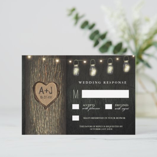 Gedekte Initialen Jars Oak Tree Weddenschap RSVP-k RSVP Kaartje (Staand voorkant)