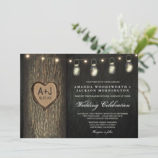Gedekte Initialen Jars Oak Tree Wedding Invitation Kaart (Staand voorkant)