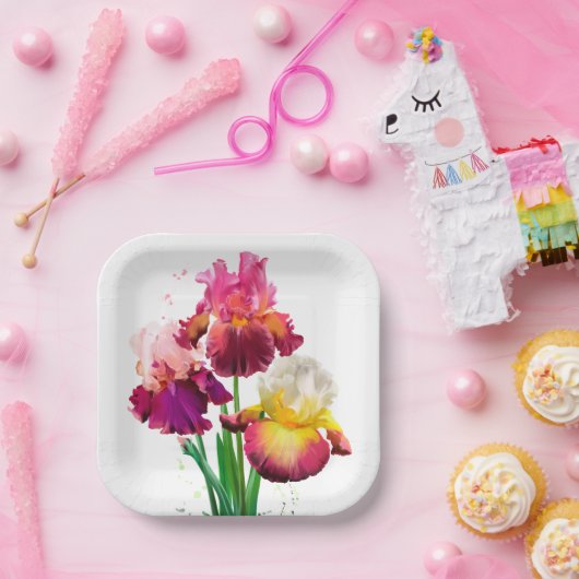 Gedekte iris en spetters van het schilderen van de papieren bordje (Feest)