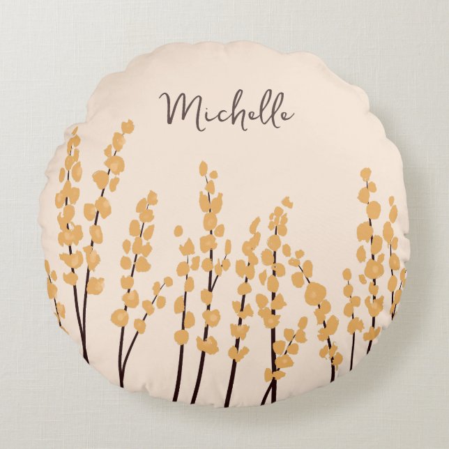 Gedekte Moderne Gele Bloemen Aangepaste naam Rond Kussen (Voorkant)