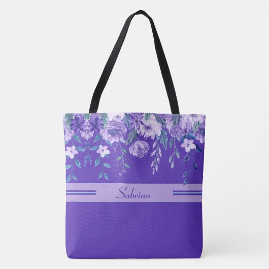 Gedekte paarse bloemen monogrammed Canvas tas (Voorkant)