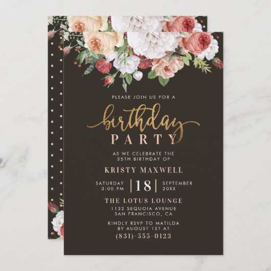 Gedekte Rozen en moderne Gold Script Birthday Part Kaart (Voorkant / Achterkant)