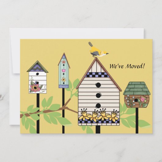 Gedekte vogelhuizen die aankondiging verplaatsen (Voorkant)