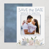 Gedemd Floral Garland | Blauw-gele roze foto Save The Date (Voorkant / Achterkant)