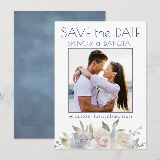Gedemd Floral Garland | Blauw-gele roze foto Save The Date (Voorkant / Achterkant)