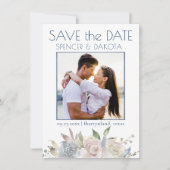 Gedemd Floral Garland | Blauw-gele roze foto Save The Date (Voorkant)