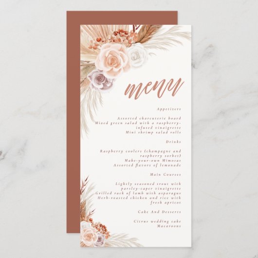 Gedemd Roos Pampas Terracotta Boho Wedding Menu (Voorkant / Achterkant)