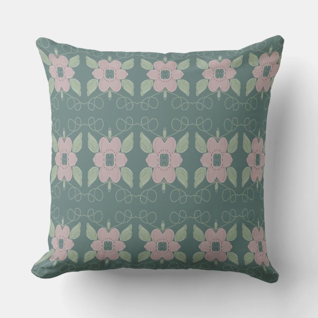 Gedemd Shades Blauwgroen en Roos Floral Pillow Kussen (Voorkant)