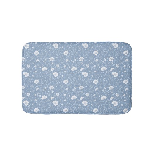Gedempeld blauw en wit wildbloempatroon badmat (Voorkant)