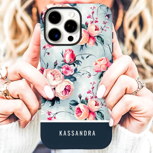 Gedempt Blauw en Perzik Custom Naam Bloemen Case-Mate iPhone Case
